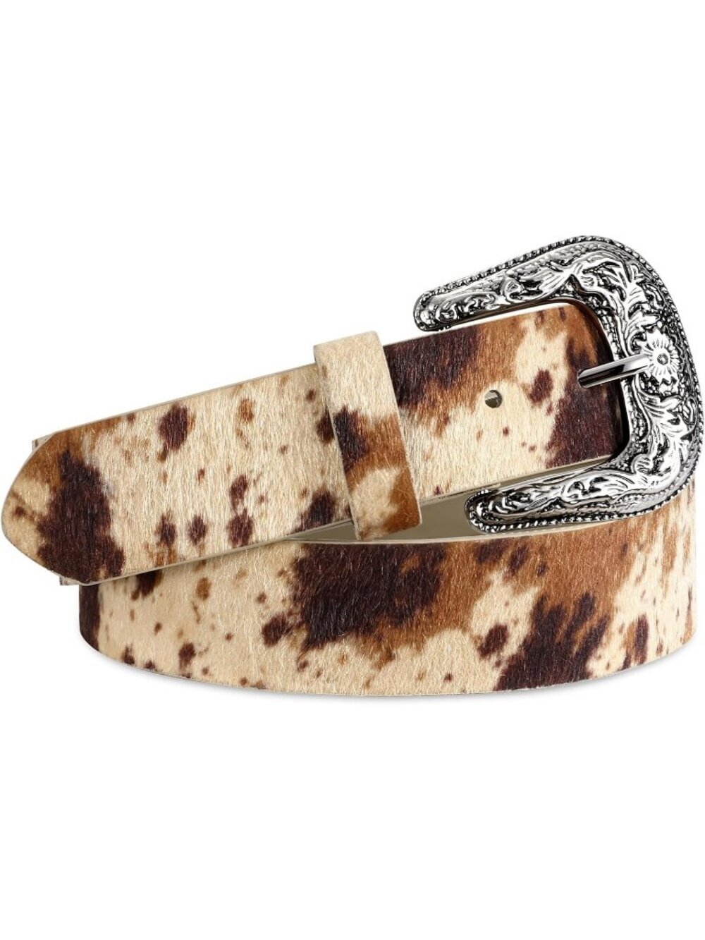 Unisex Cow Print-yellow Leather Belt Vintage Western Cowboy Engraved Buckle Belt